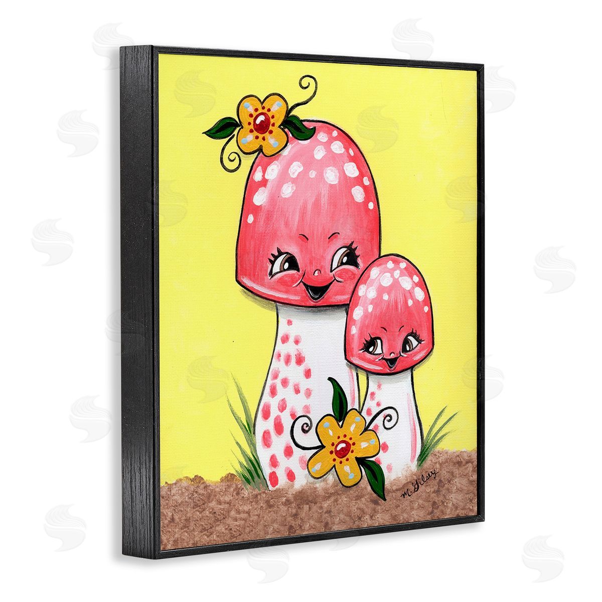 Michelle Gilsey Happy Mushrooms & Flowers Black Framed Giclee Wall Art Print