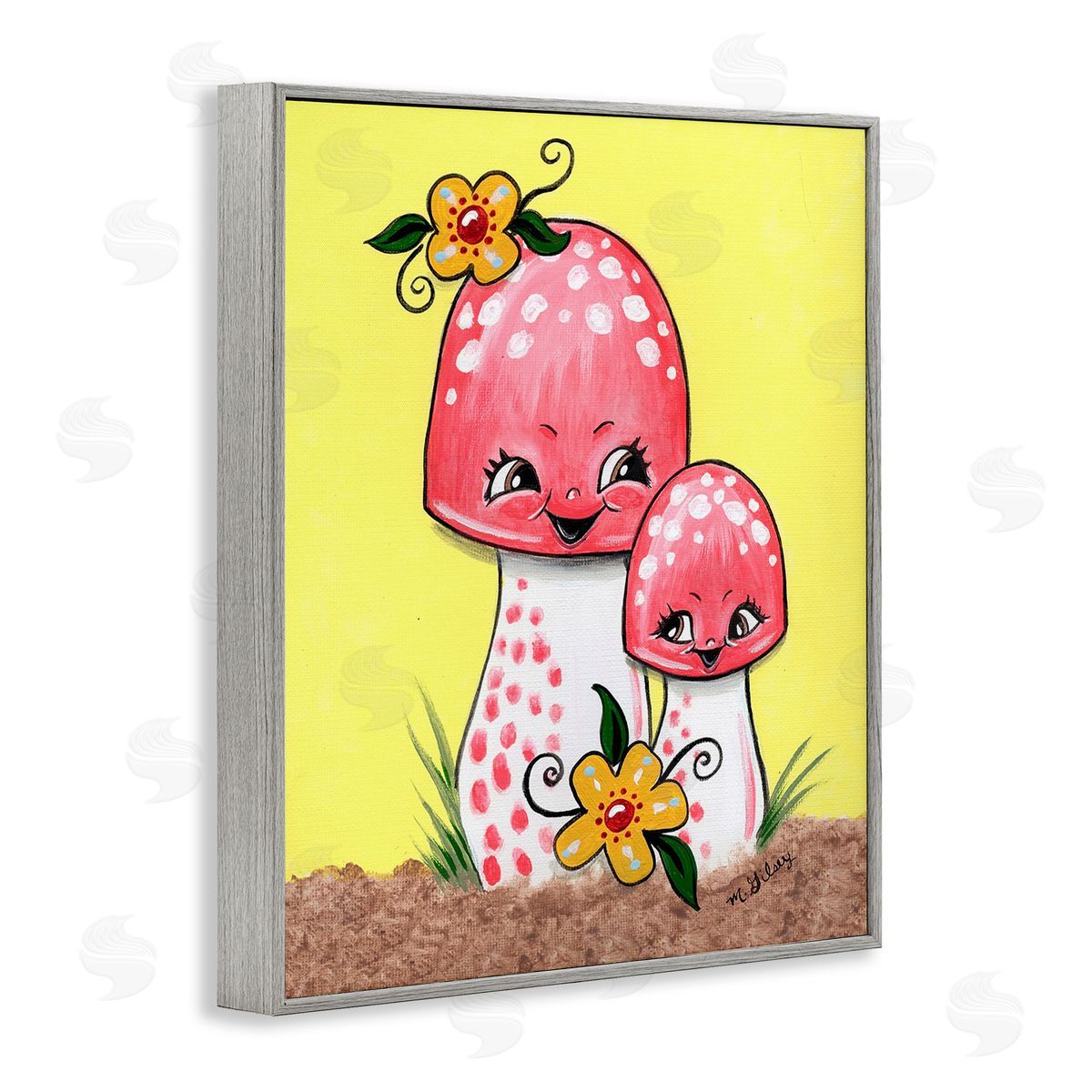 Michelle Gilsey Happy Mushrooms & Flowers Gray Framed Giclee Wall Art Print