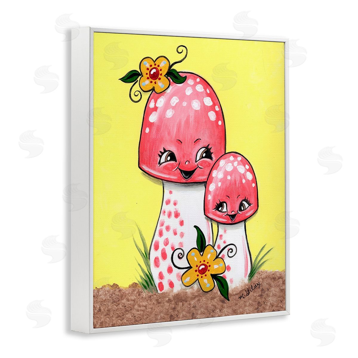 Michelle Gilsey Happy Mushrooms & Flowers White Framed Giclee Wall Art Print