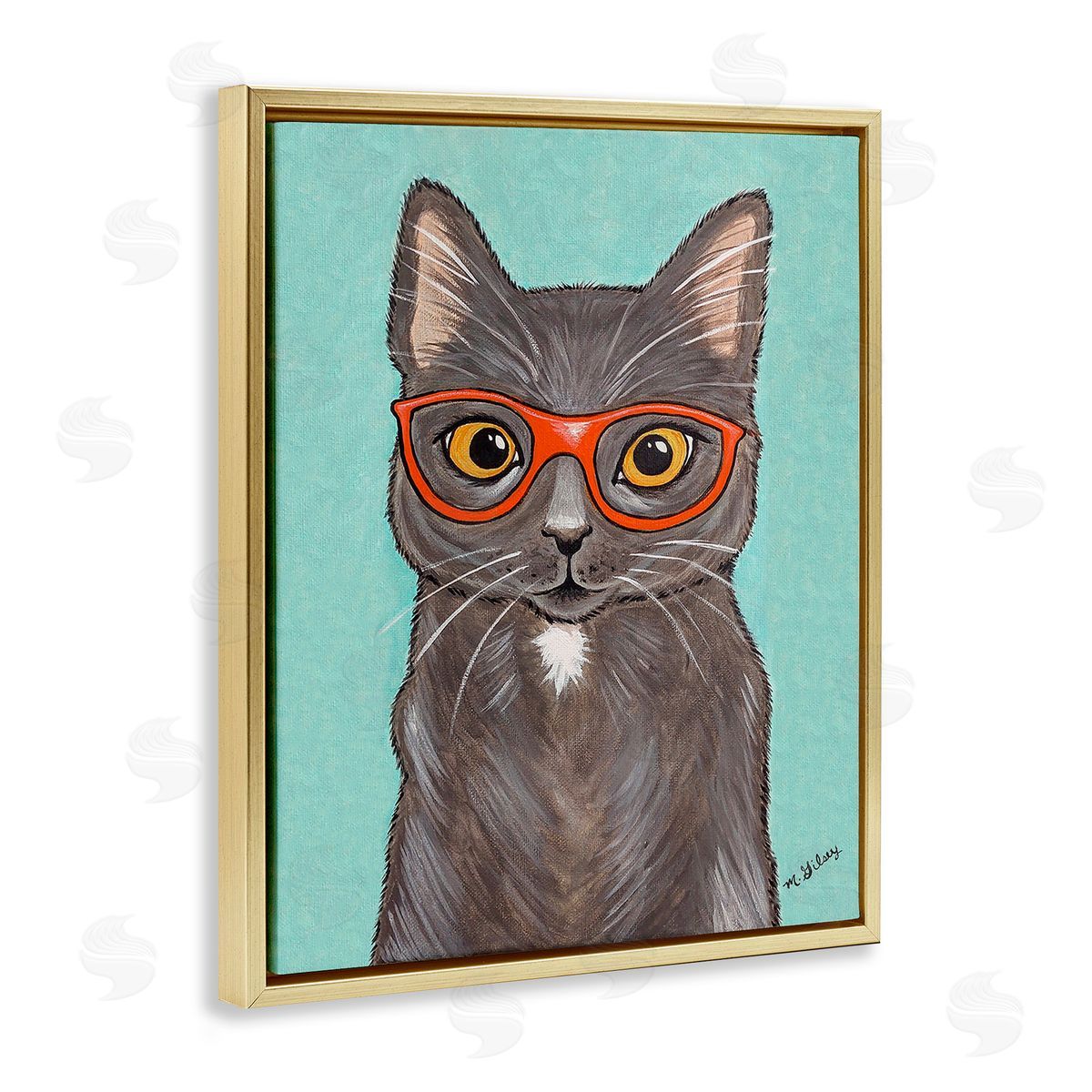 Michelle Gilsey Hipster Cat Red Glasses Gold Floating Frame Canvas Wall Art Print