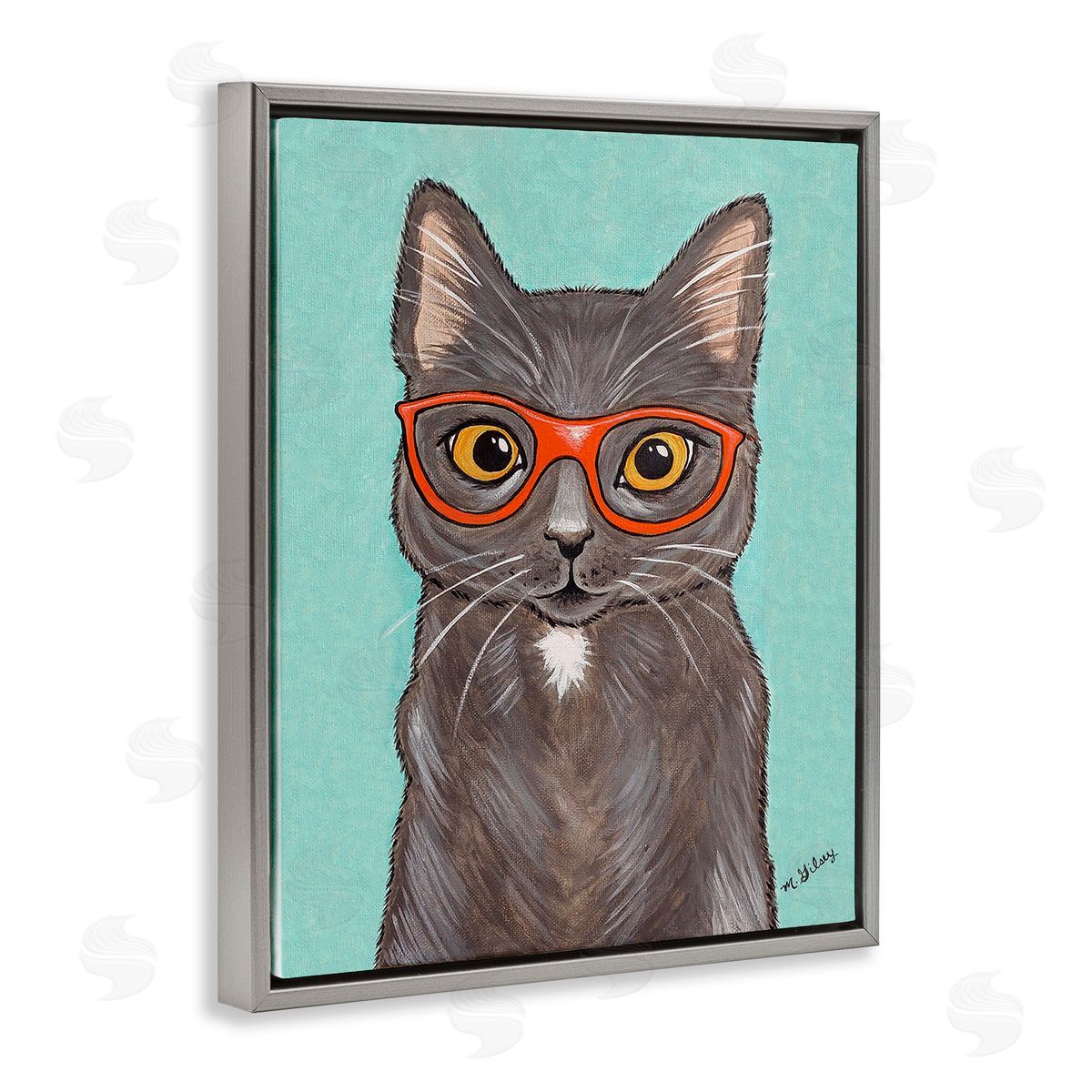 Michelle Gilsey Hipster Cat Red Glasses Gray Floating Frame Canvas Wall Art Print