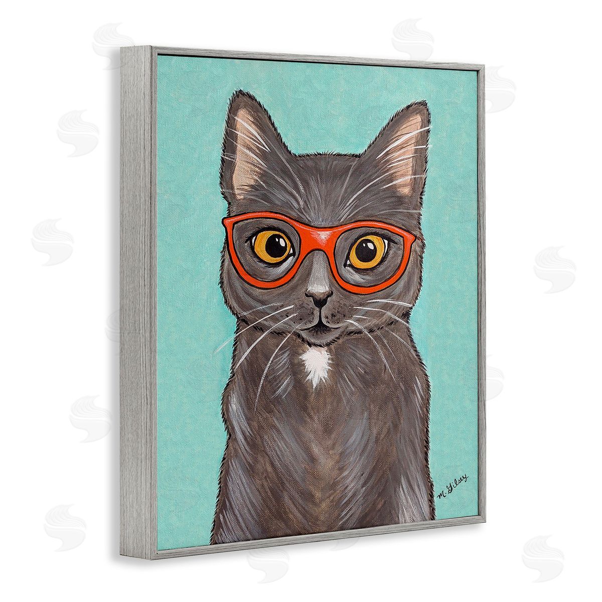 Michelle Gilsey Hipster Cat Red Glasses Gray Framed Giclee Wall Art Print