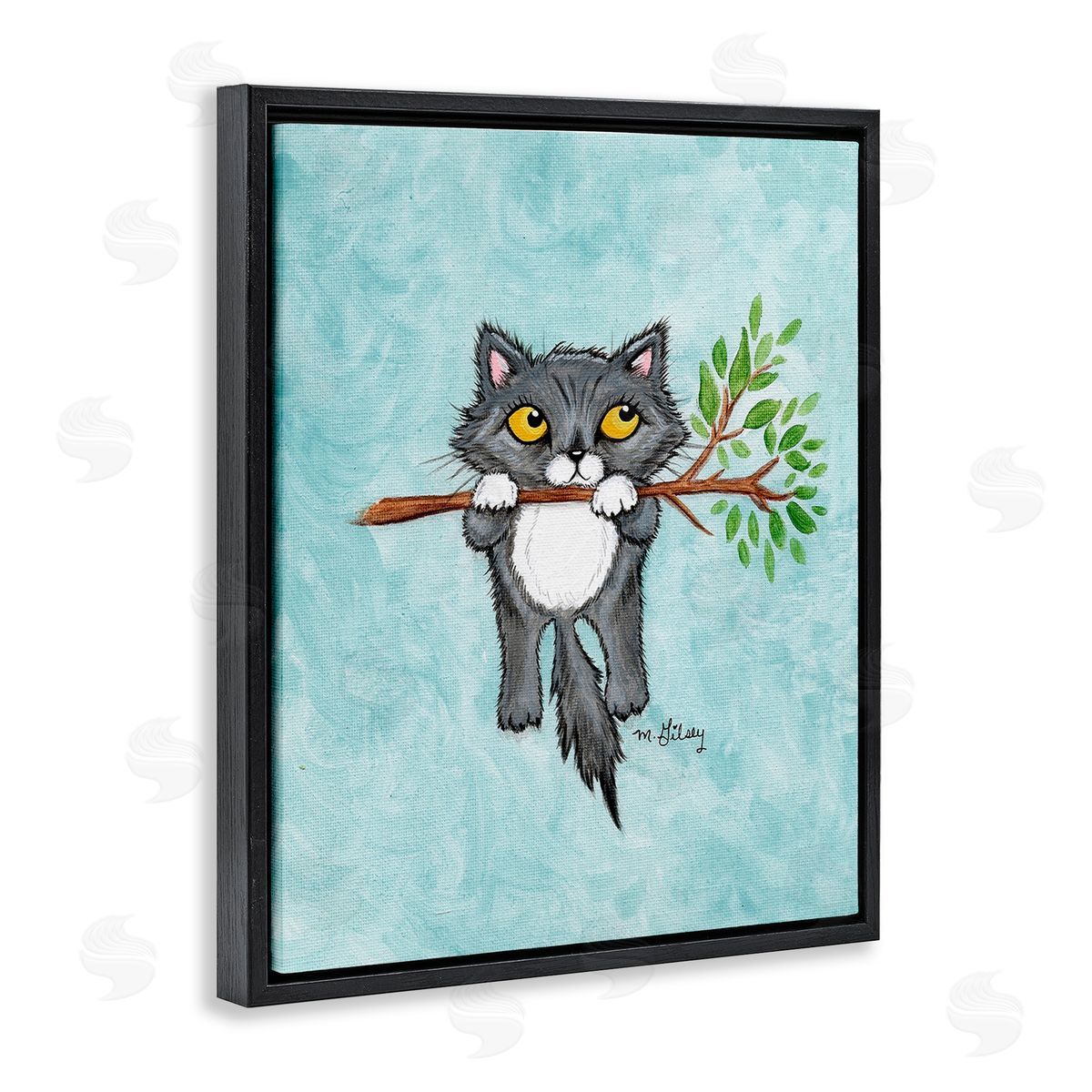 Michelle Gilsey Kitten Climbing Branch Black Floating Frame Canvas Wall Art Print