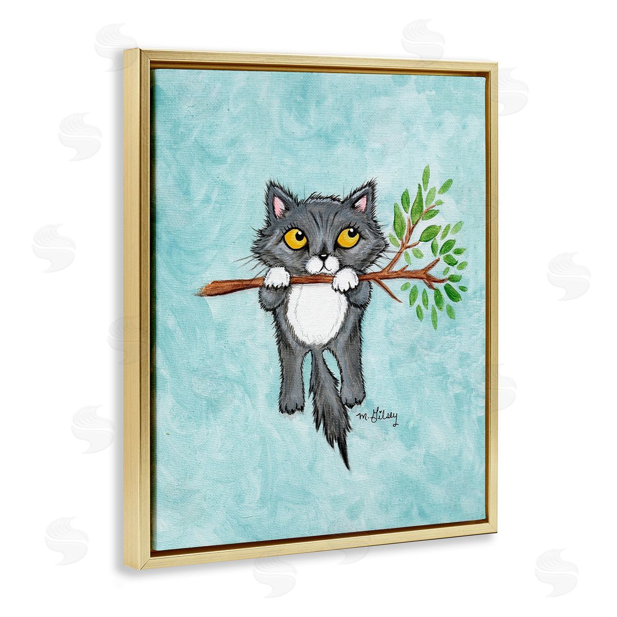 Michelle Gilsey Kitten Climbing Branch Gold Floating Frame Canvas Wall Art Print