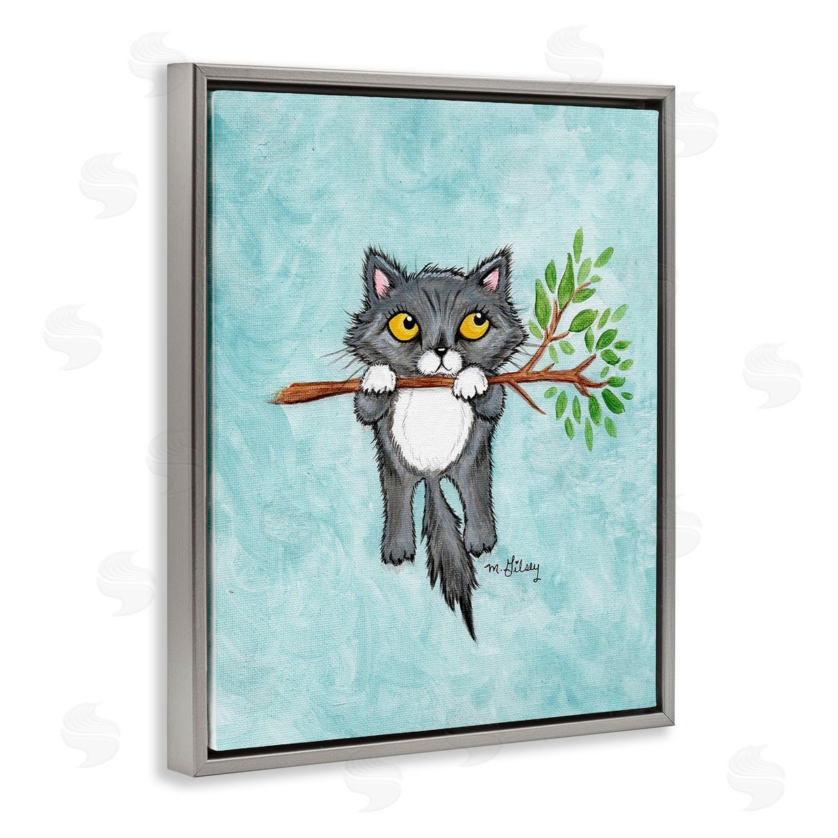 Michelle Gilsey Kitten Climbing Branch Gray Floating Frame Canvas Wall Art Print