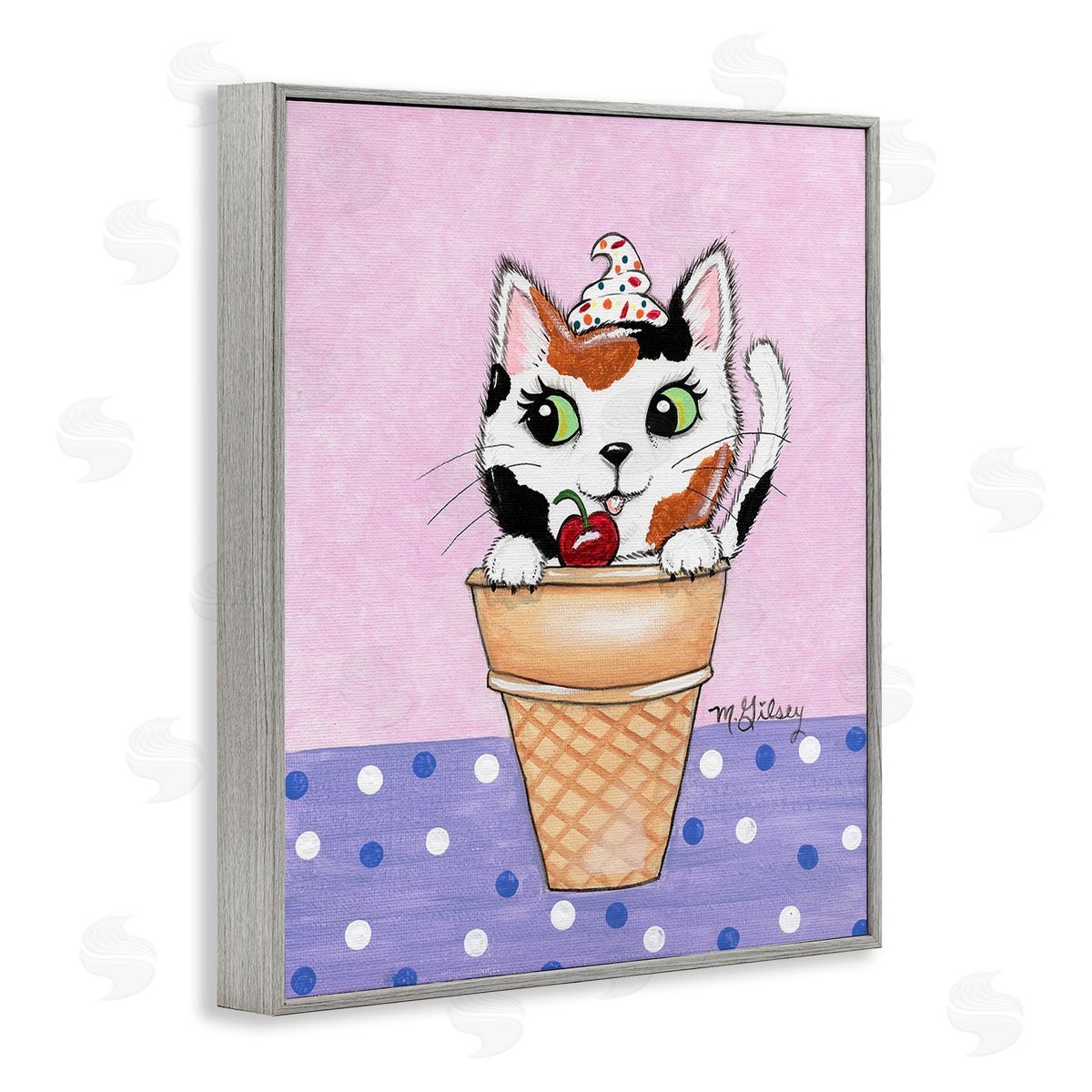 Michelle Gilsey Polka Dot Cat Sundae Gray Framed Giclee Wall Art Print