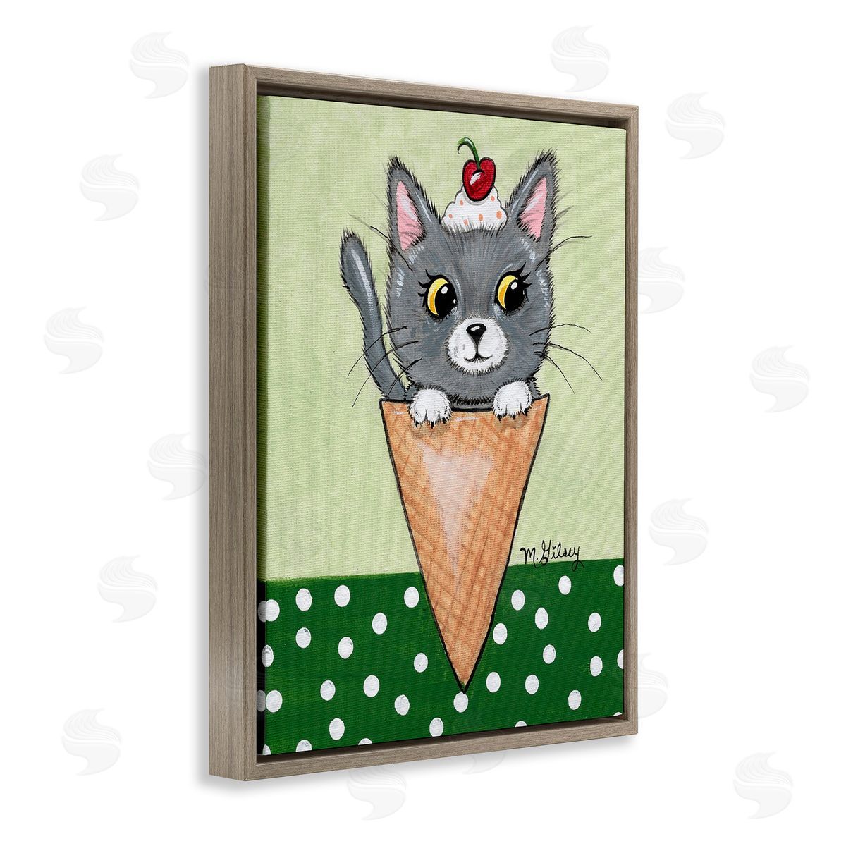 Michelle Gilsey Cat in Ice Cream Cone Brown Floating Frame Canvas Wall Art Print