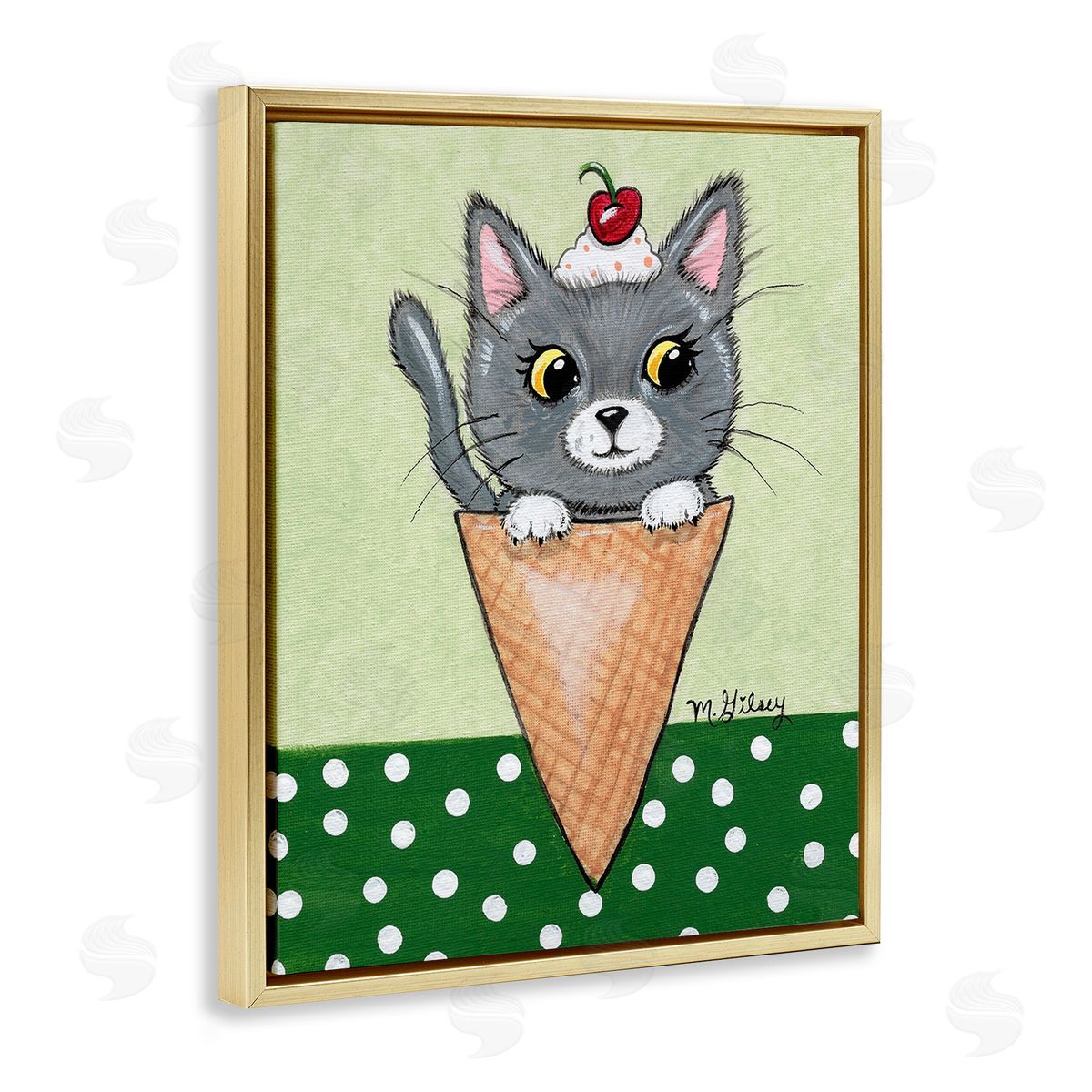 Michelle Gilsey Cat in Ice Cream Cone Gold Floating Frame Canvas Wall Art Print