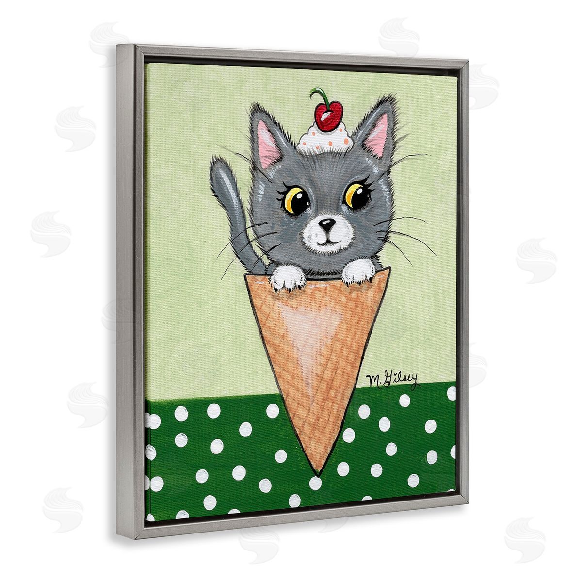Michelle Gilsey Cat in Ice Cream Cone Gray Floating Frame Canvas Wall Art Print
