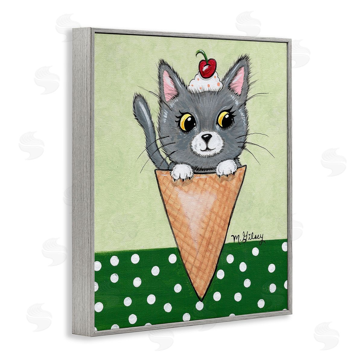 Michelle Gilsey Cat in Ice Cream Cone Gray Framed Giclee Wall Art Print
