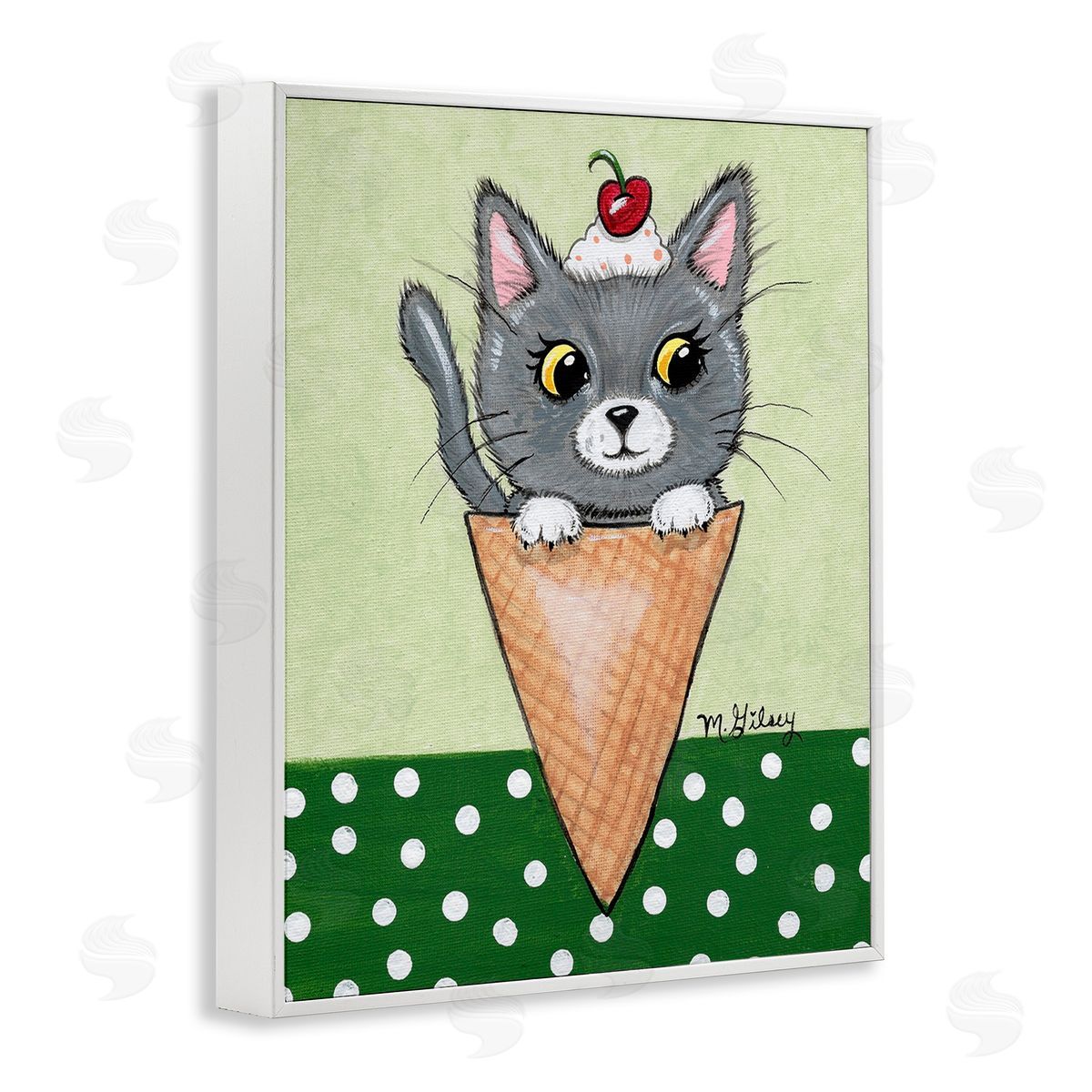 Michelle Gilsey Cat in Ice Cream Cone White Framed Giclee Wall Art Print