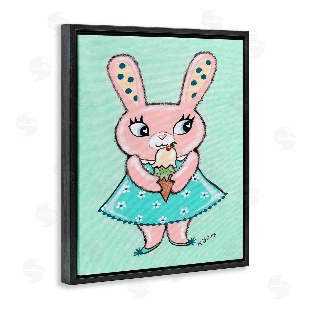 Michelle Gilsey Pastel Bunny & Ice Cream Black Floating Frame Canvas Wall Art Print