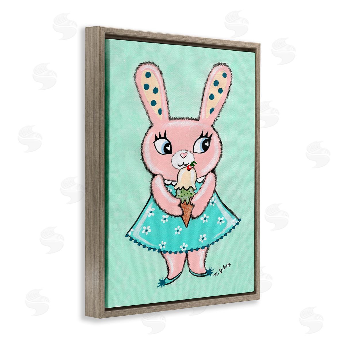 Michelle Gilsey Pastel Bunny & Ice Cream Brown Floating Frame Canvas Wall Art Print