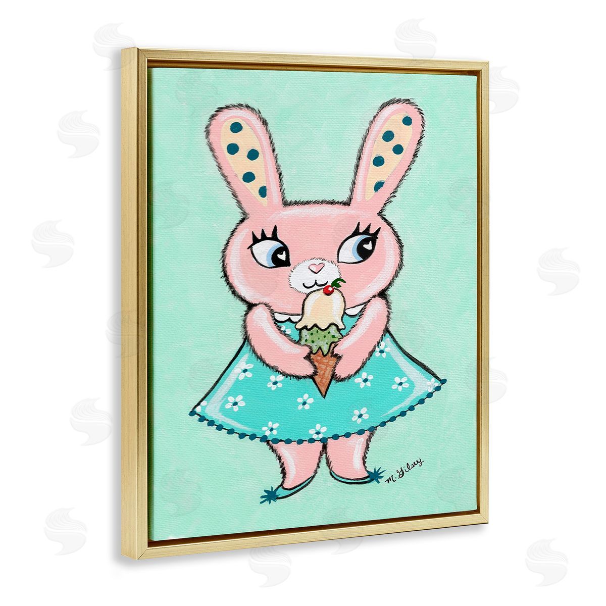 Michelle Gilsey Pastel Bunny & Ice Cream Gold Floating Frame Canvas Wall Art Print