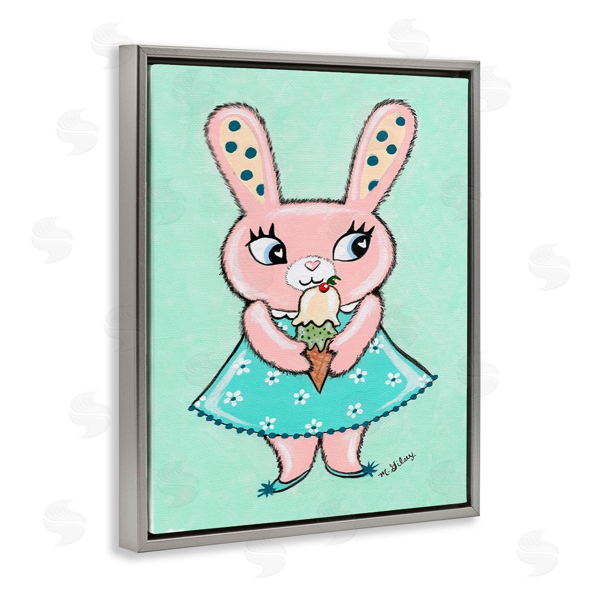 Michelle Gilsey Pastel Bunny & Ice Cream Gray Floating Frame Canvas Wall Art Print