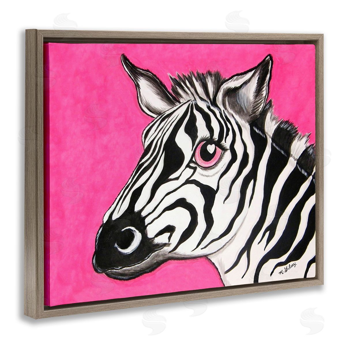 Michelle Gilsey Zebra with Heart Eyes Brown Floating Frame Canvas Wall Art Print