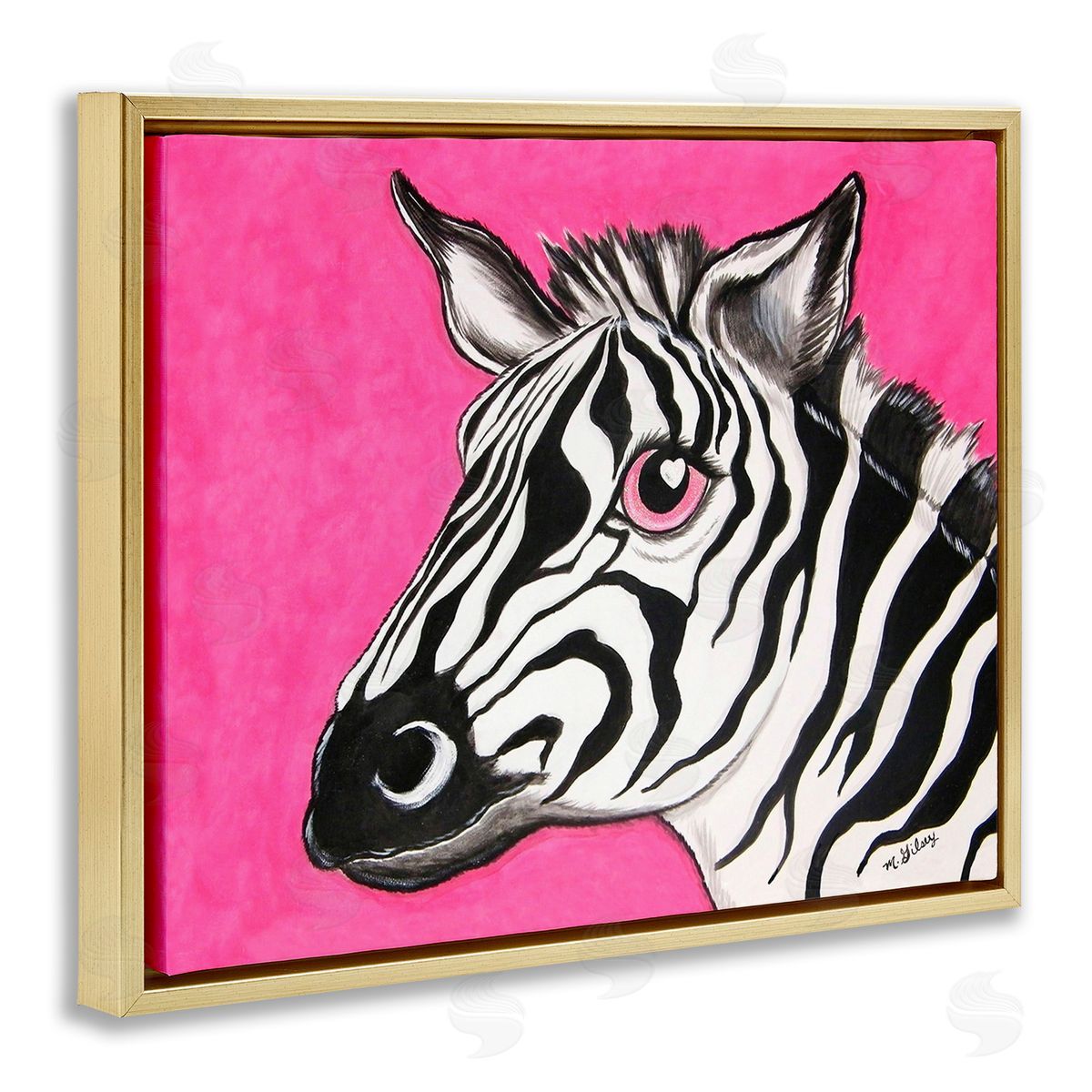 Michelle Gilsey Zebra with Heart Eyes Gold Floating Frame Canvas Wall Art Print