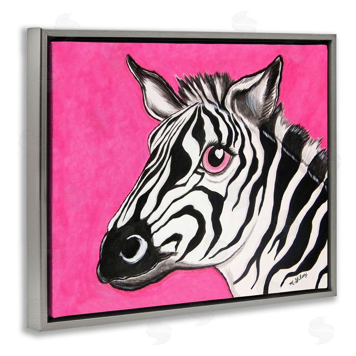 Michelle Gilsey Zebra with Heart Eyes Gray Floating Frame Canvas Wall Art Print