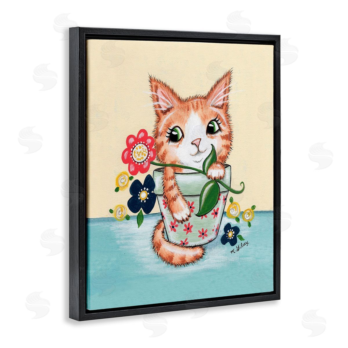 Michelle Gilsey Kitten in Flower Pot Black Floating Frame Canvas Wall Art Print