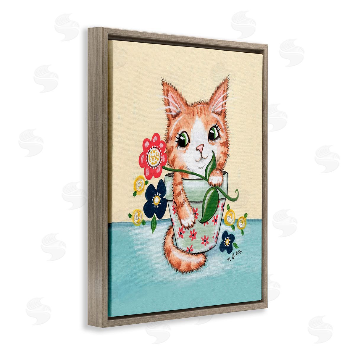 Michelle Gilsey Kitten in Flower Pot Brown Floating Frame Canvas Wall Art Print