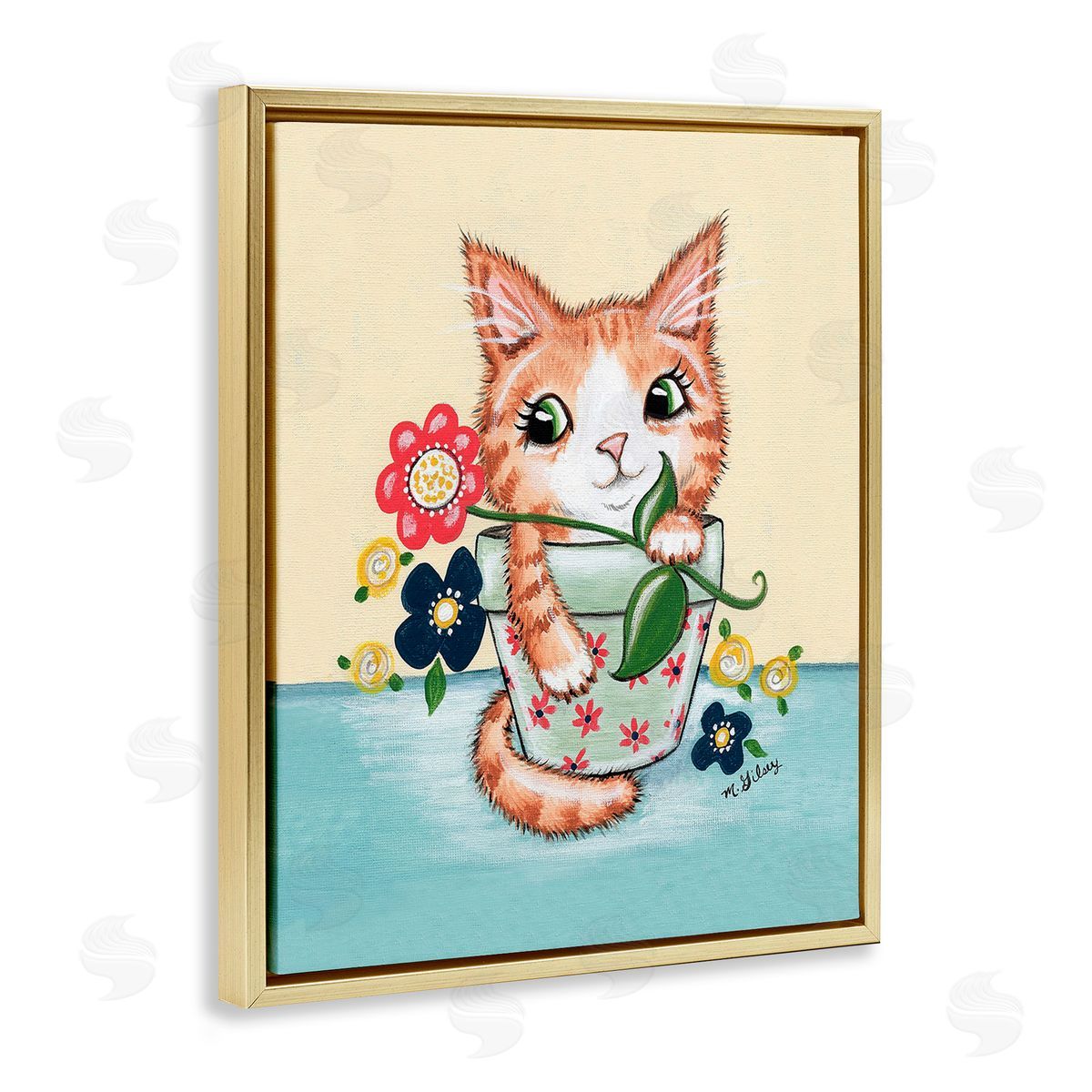 Michelle Gilsey Kitten in Flower Pot Gold Floating Frame Canvas Wall Art Print