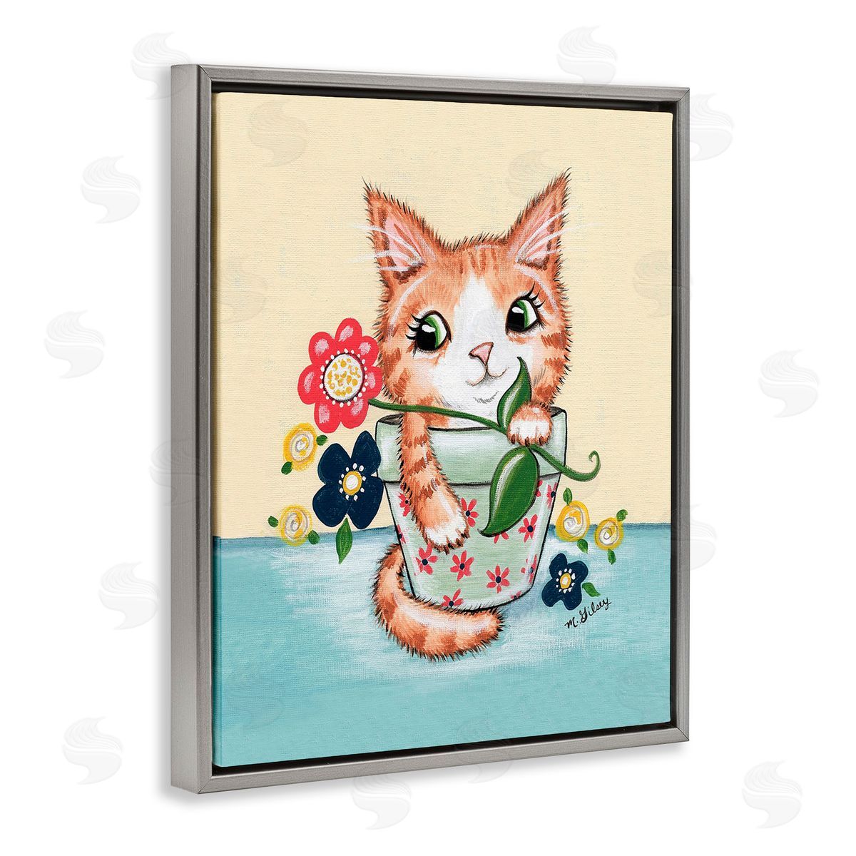 Michelle Gilsey Kitten in Flower Pot Gray Floating Frame Canvas Wall Art Print
