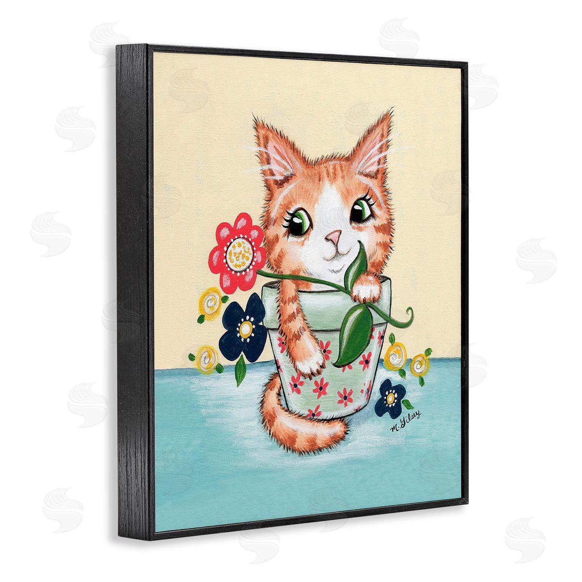 Michelle Gilsey Kitten in Flower Pot Black Framed Giclee Wall Art Print
