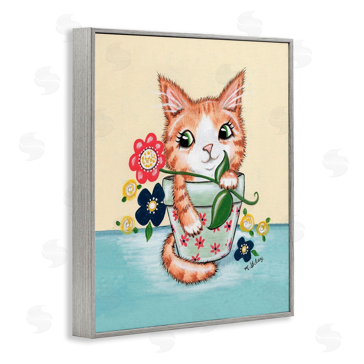 Michelle Gilsey Kitten in Flower Pot Gray Framed Giclee Wall Art Print