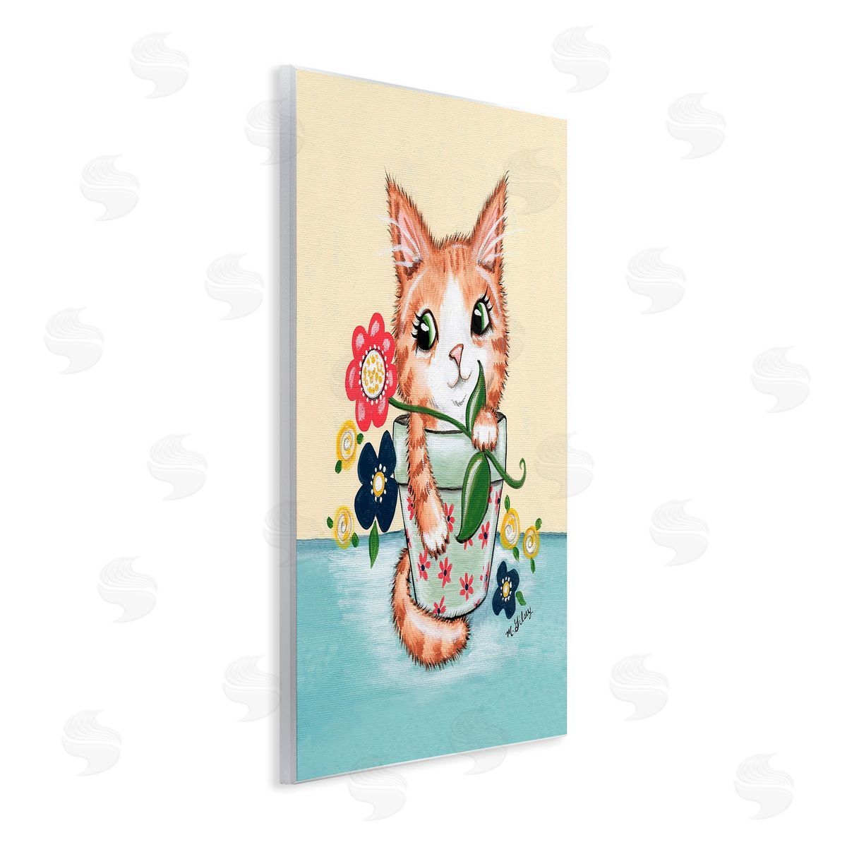 Michelle Gilsey Kitten in Flower Pot Wooden Wall Plaque Art Print
