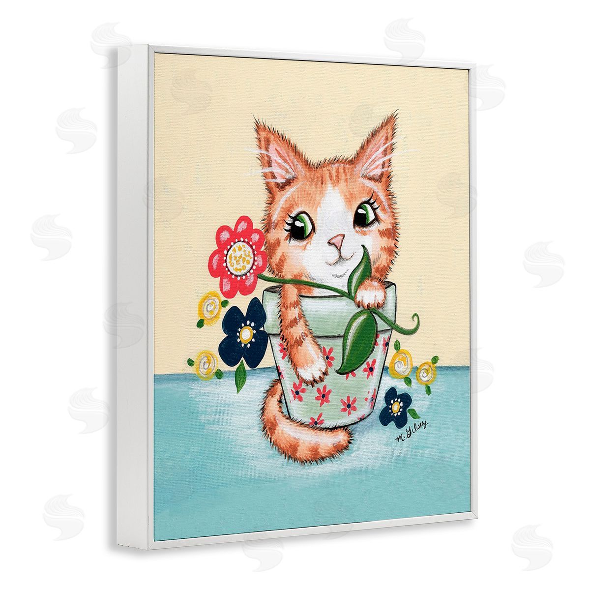 Michelle Gilsey Kitten in Flower Pot White Framed Giclee Wall Art Print