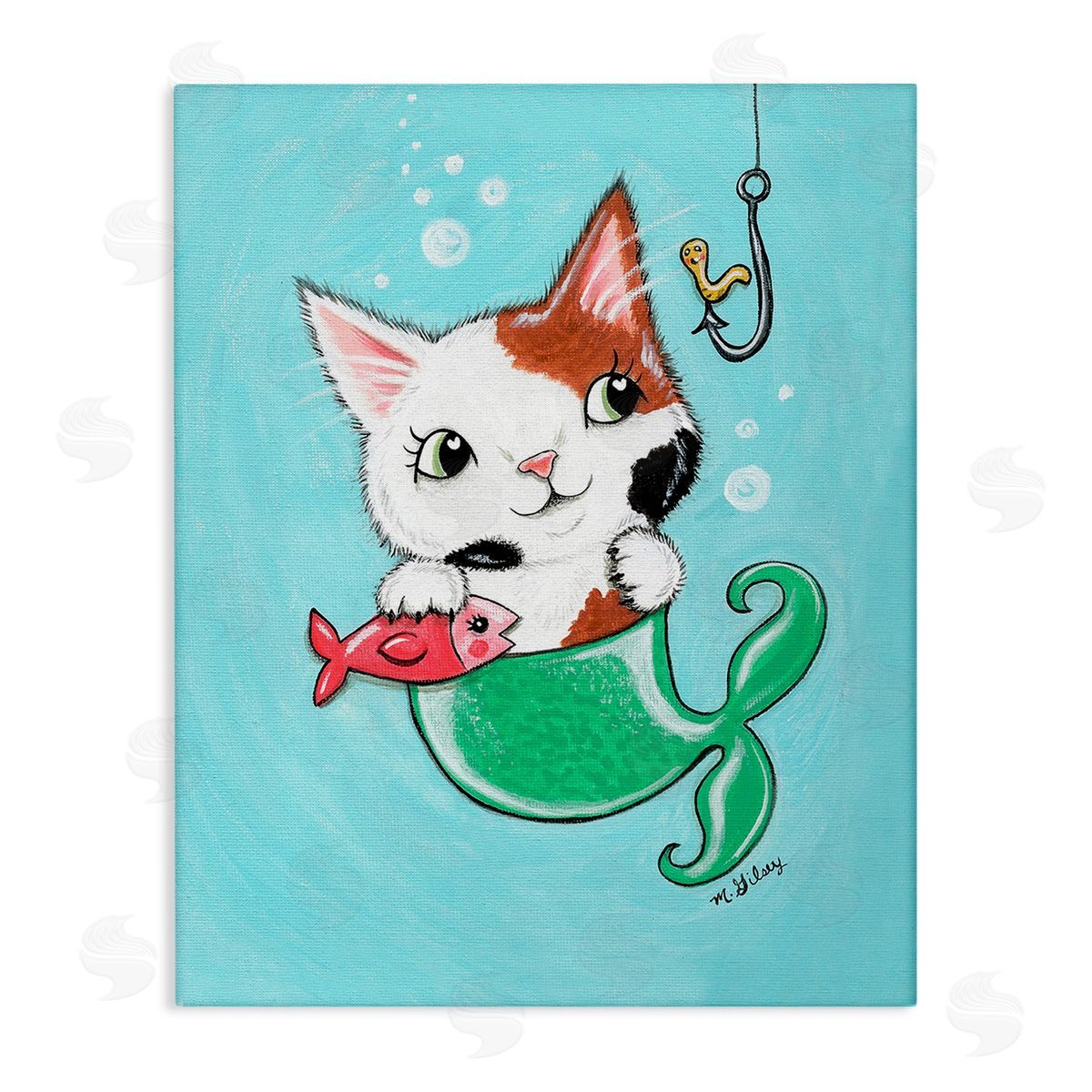 Michelle Gilsey Mermaid Cat with Fish Canvas Wall Art Print