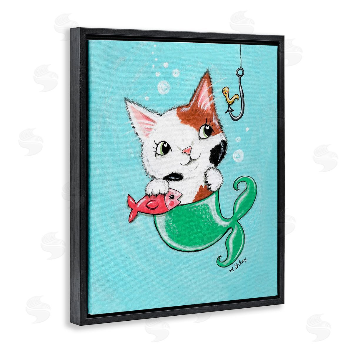 Michelle Gilsey Mermaid Cat with Fish Black Floating Frame Canvas Wall Art Print