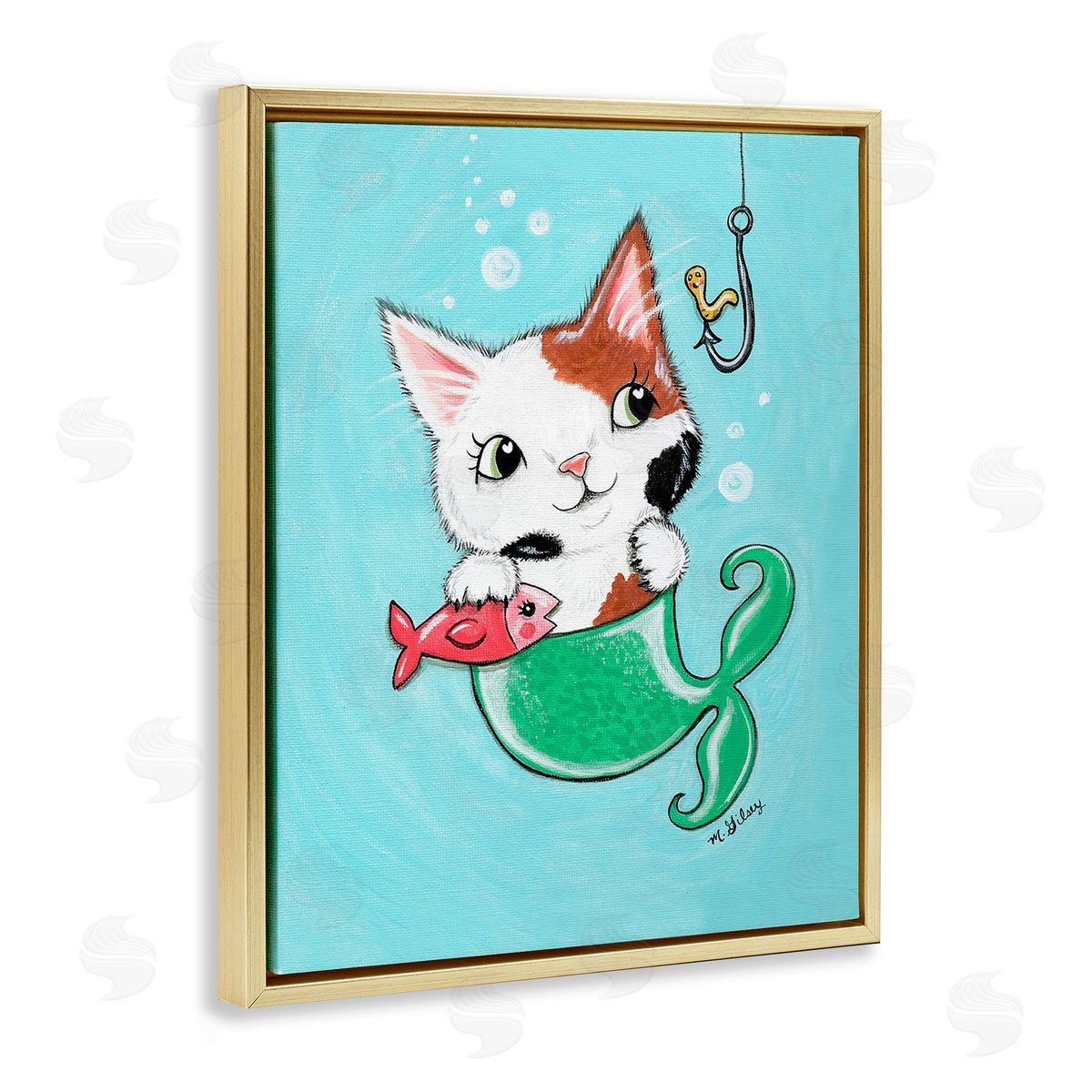 Michelle Gilsey Mermaid Cat with Fish Gold Floating Frame Canvas Wall Art Print
