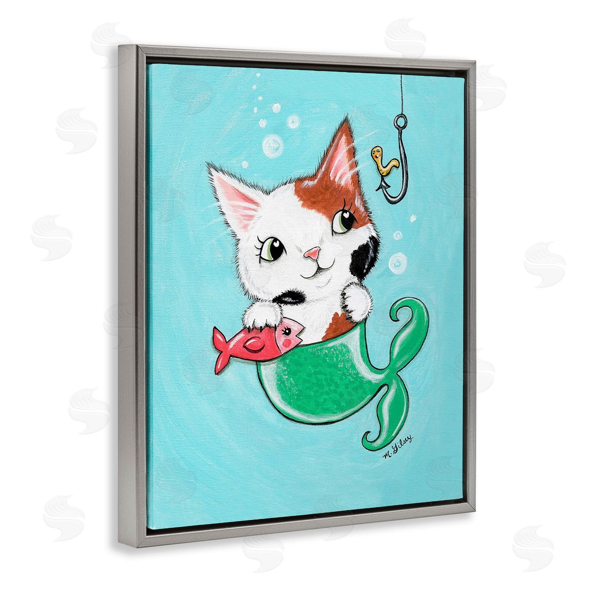 Michelle Gilsey Mermaid Cat with Fish Gray Floating Frame Canvas Wall Art Print