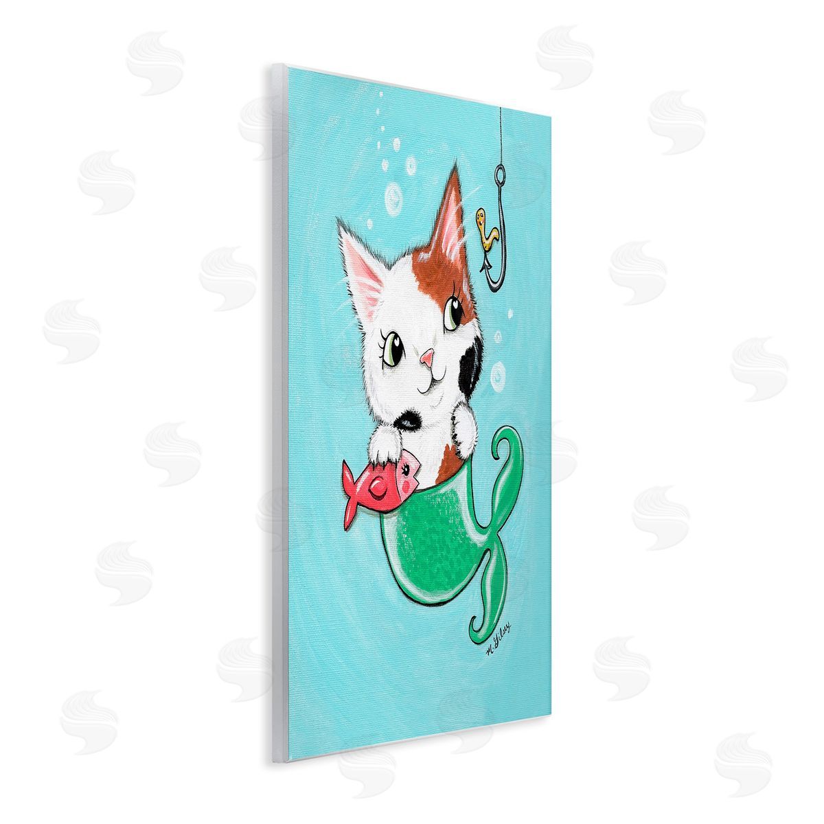 Michelle Gilsey Mermaid Cat with Fish Wooden Wall Plaque Art Print