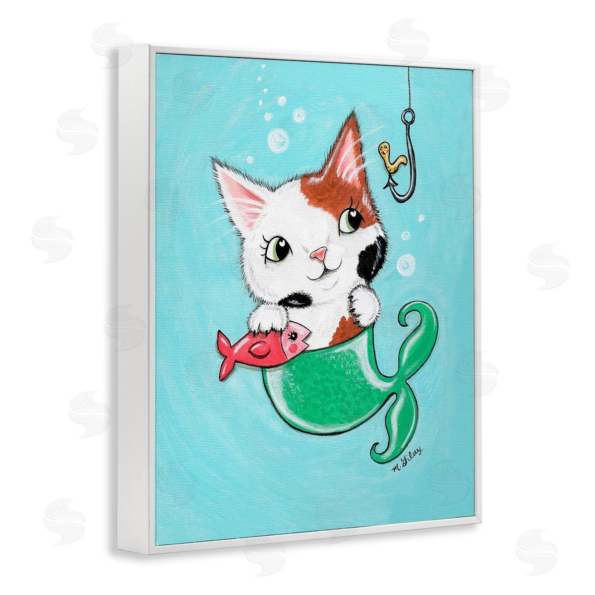 Michelle Gilsey Mermaid Cat with Fish White Framed Giclee Wall Art Print