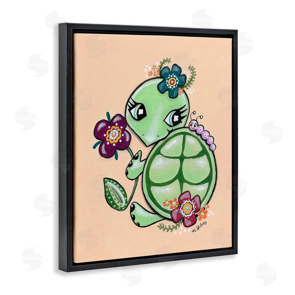 Michelle Gilsey Floral Blossom Turtle Black Floating Frame Canvas Wall Art Print