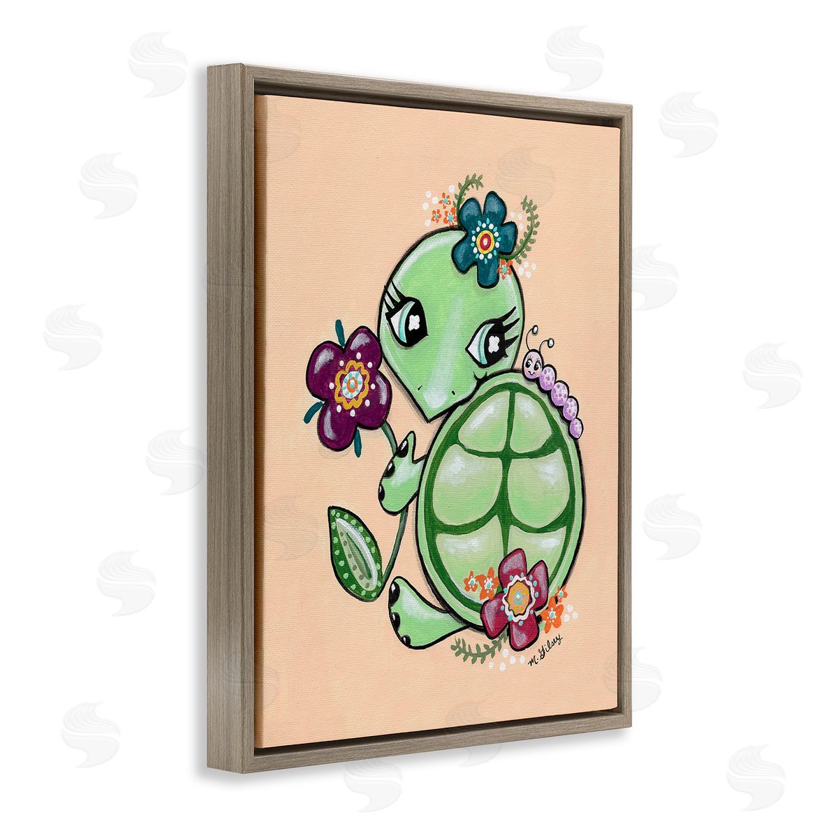 Michelle Gilsey Floral Blossom Turtle Brown Floating Frame Canvas Wall Art Print
