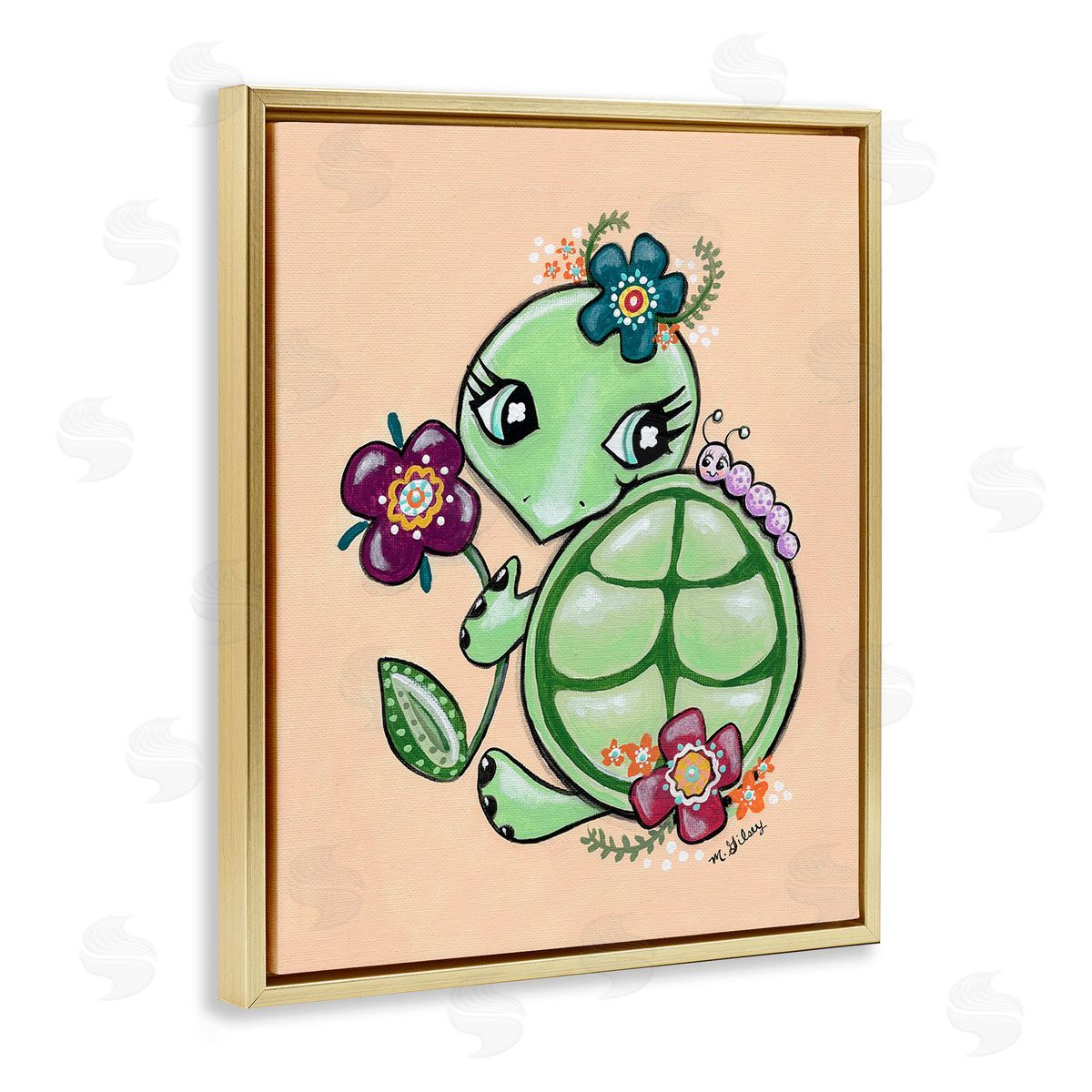 Michelle Gilsey Floral Blossom Turtle Gold Floating Frame Canvas Wall Art Print