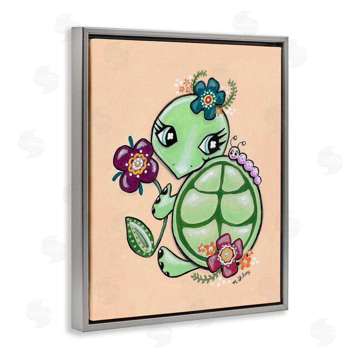 Michelle Gilsey Floral Blossom Turtle Gray Floating Frame Canvas Wall Art Print