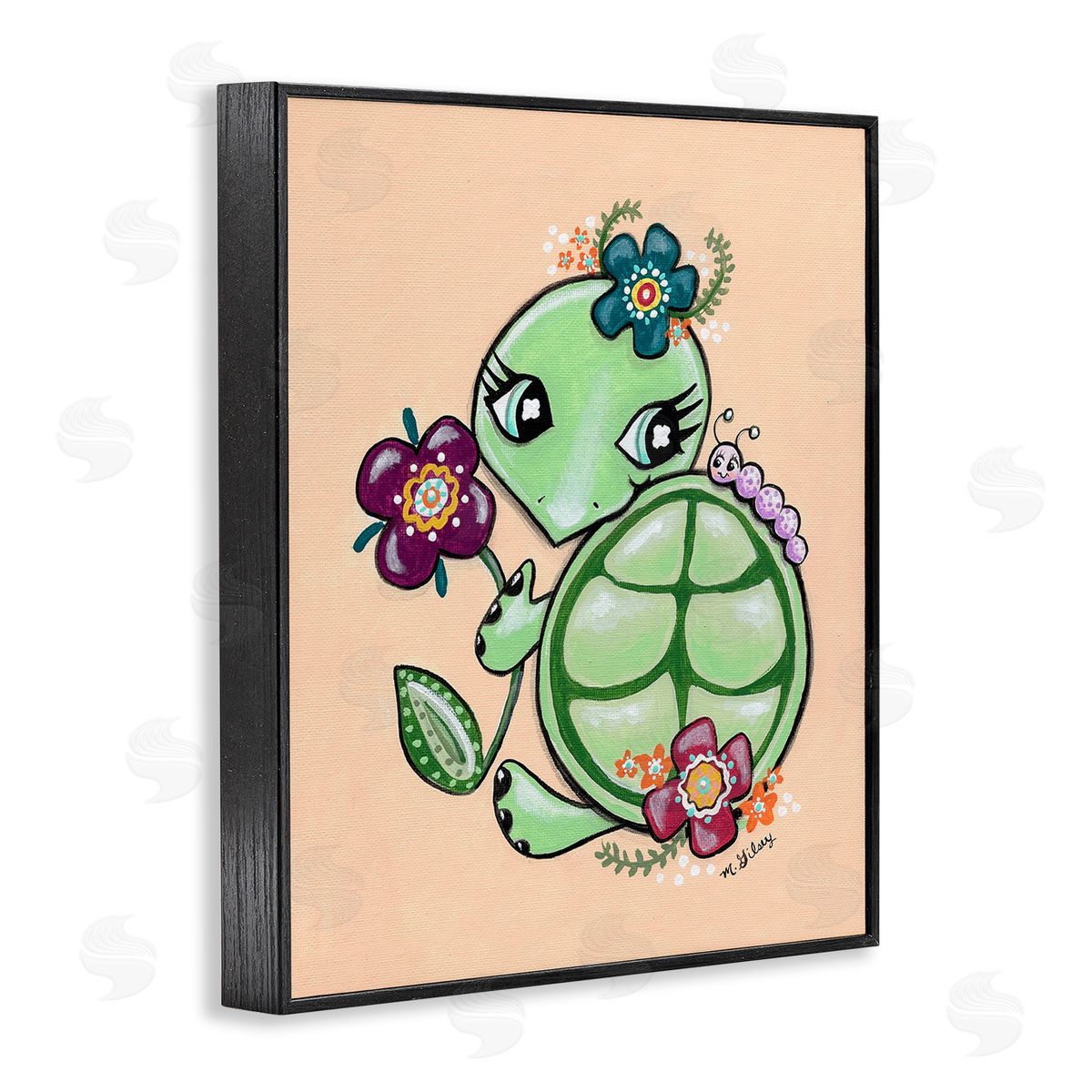 Michelle Gilsey Floral Blossom Turtle Black Framed Giclee Wall Art Print