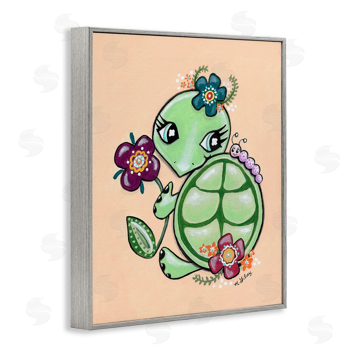 Michelle Gilsey Floral Blossom Turtle Gray Framed Giclee Wall Art Print