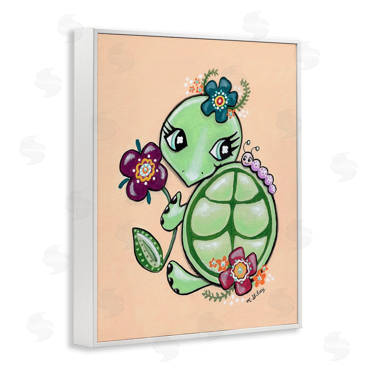 Michelle Gilsey Floral Blossom Turtle White Framed Giclee Wall Art Print