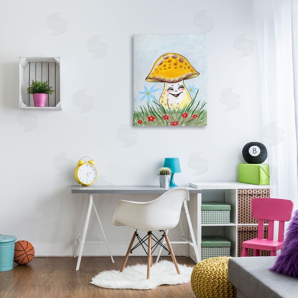 Michelle Gilsey Smiling Yellow Mushroom Canvas Wall Art Print in Room