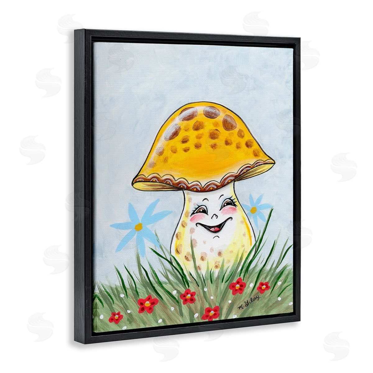 Michelle Gilsey Smiling Yellow Mushroom Black Floating Frame Canvas Wall Art Print