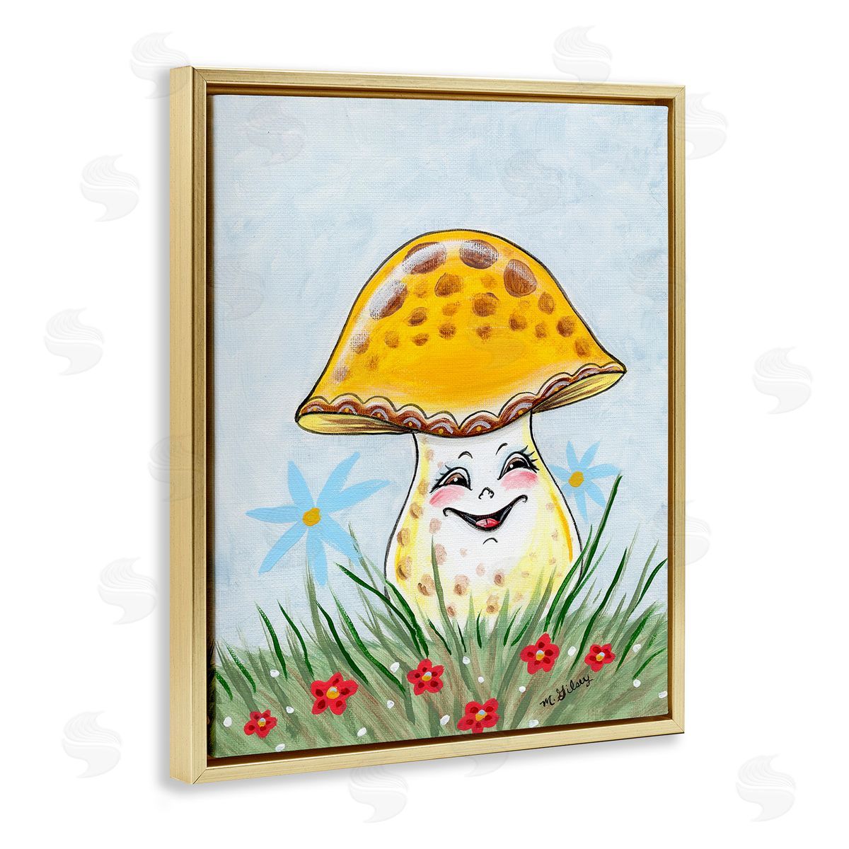 Michelle Gilsey Smiling Yellow Mushroom Gold Floating Frame Canvas Wall Art Print