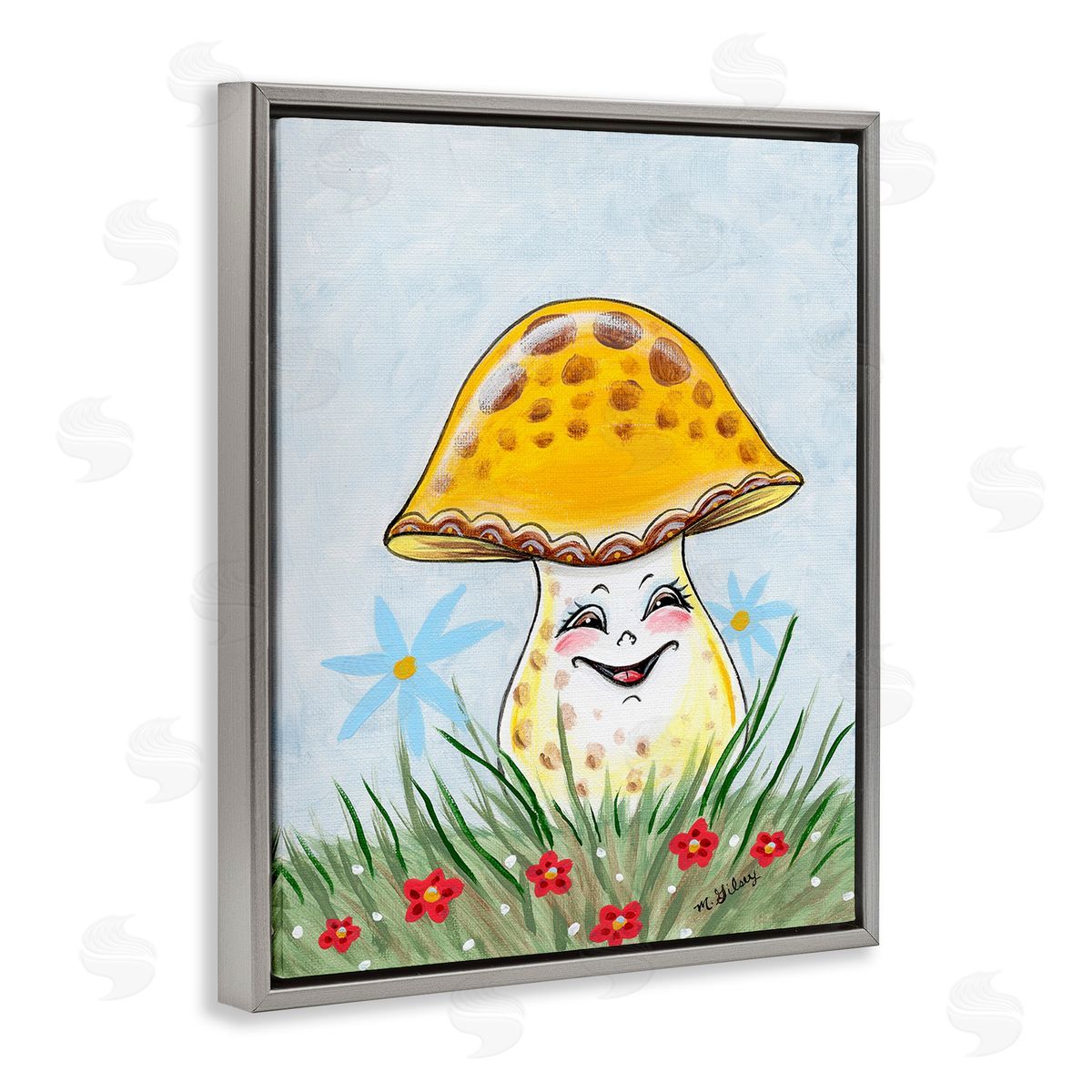 Michelle Gilsey Smiling Yellow Mushroom Gray Floating Frame Canvas Wall Art Print