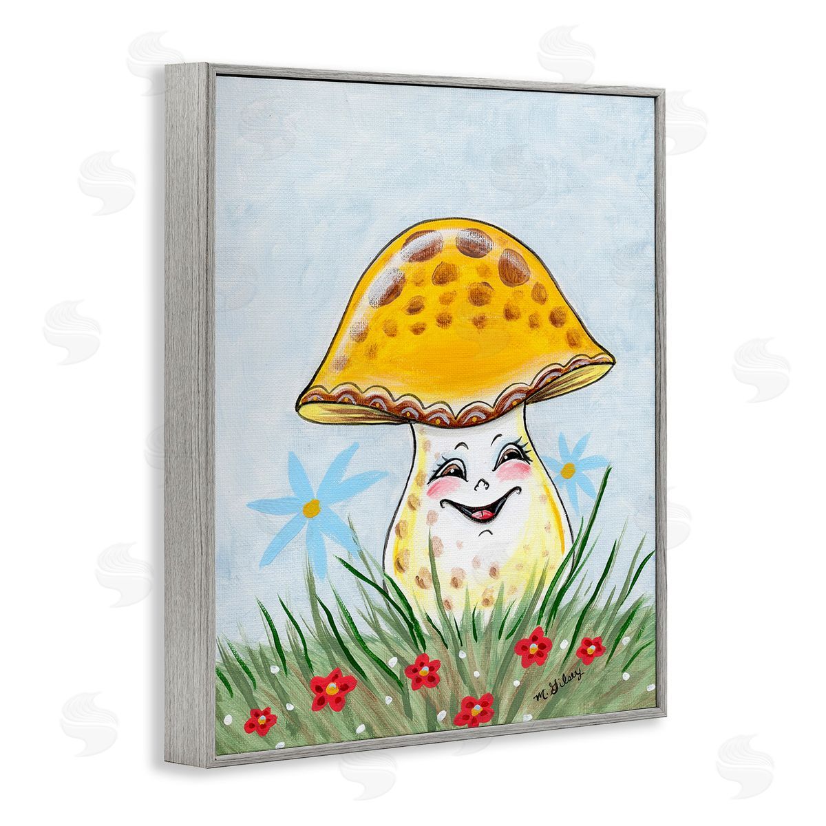 Michelle Gilsey Smiling Yellow Mushroom Gray Framed Giclee Wall Art Print