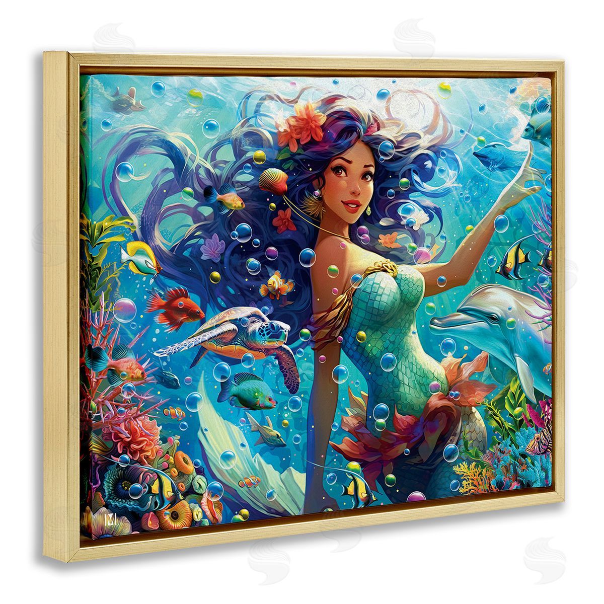 Michael David Ward Mermaid & Marine Animals Gold Floating Frame Canvas Wall Art Print