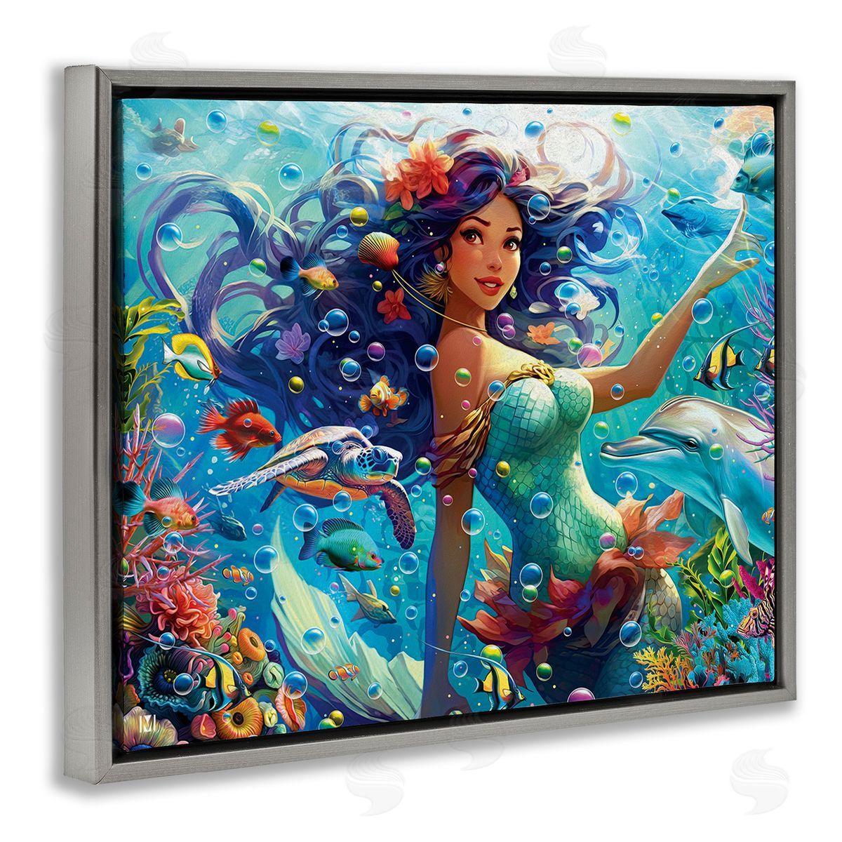 Michael David Ward Mermaid & Marine Animals Gray Floating Frame Canvas Wall Art Print